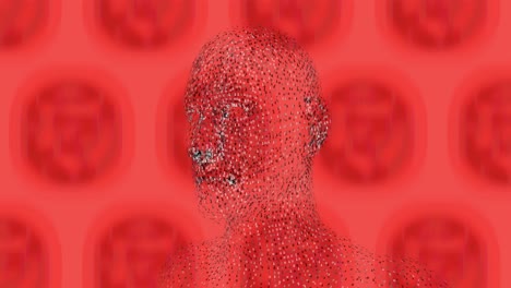 Digital-animation-of-human-face-model-spinning-against-round-shapes-on-red-background