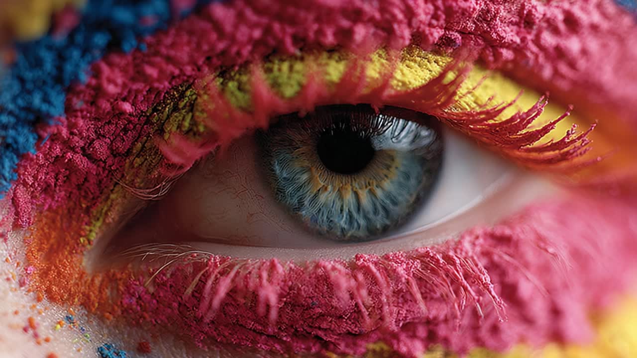 A Close-Up View of an Artistically Painted Eye Surrounded by Vibrant Color Powders, Showcasing Intricate Details and Rich Textures
