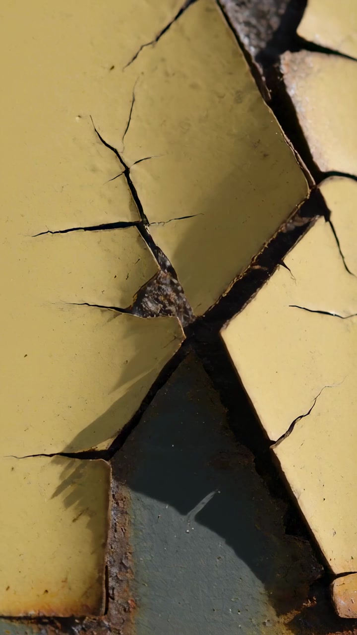 Vertical video: Moving camera revealing cracked yellow panel outside, showing rust and corrosion
