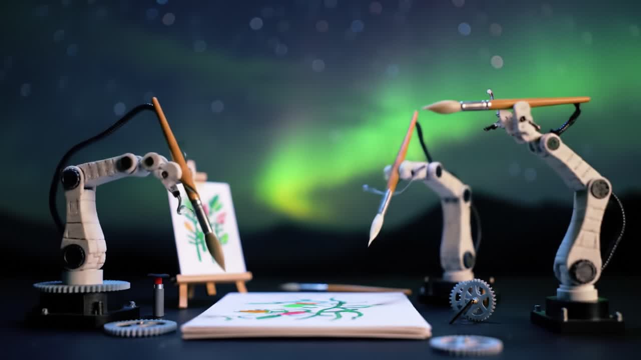Exploring Creativity: Robotic Arms Engaged in Artistic Expression Under a Mesmerizing Aurora Borealis Sky with a Canvas Showcasing Vibrant Floral Designs