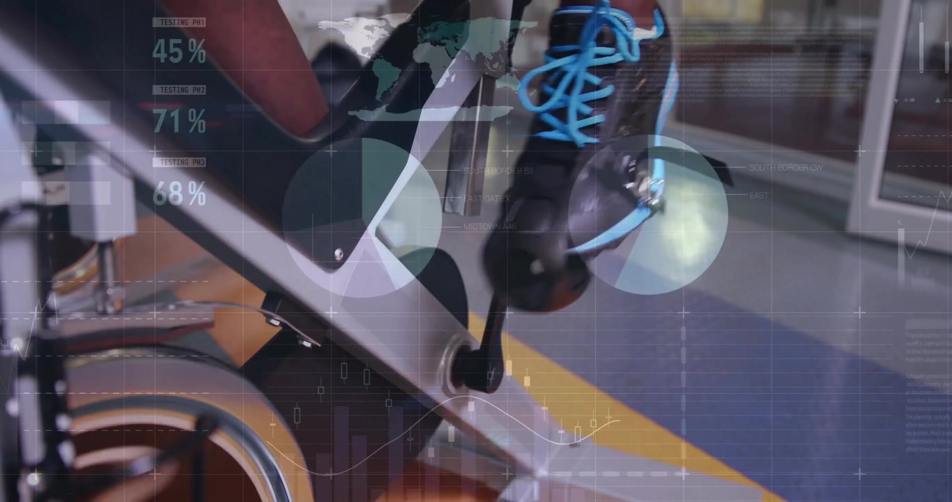 Male athlete strapping pedal pressing down, fitness cycling while charts updating performance data