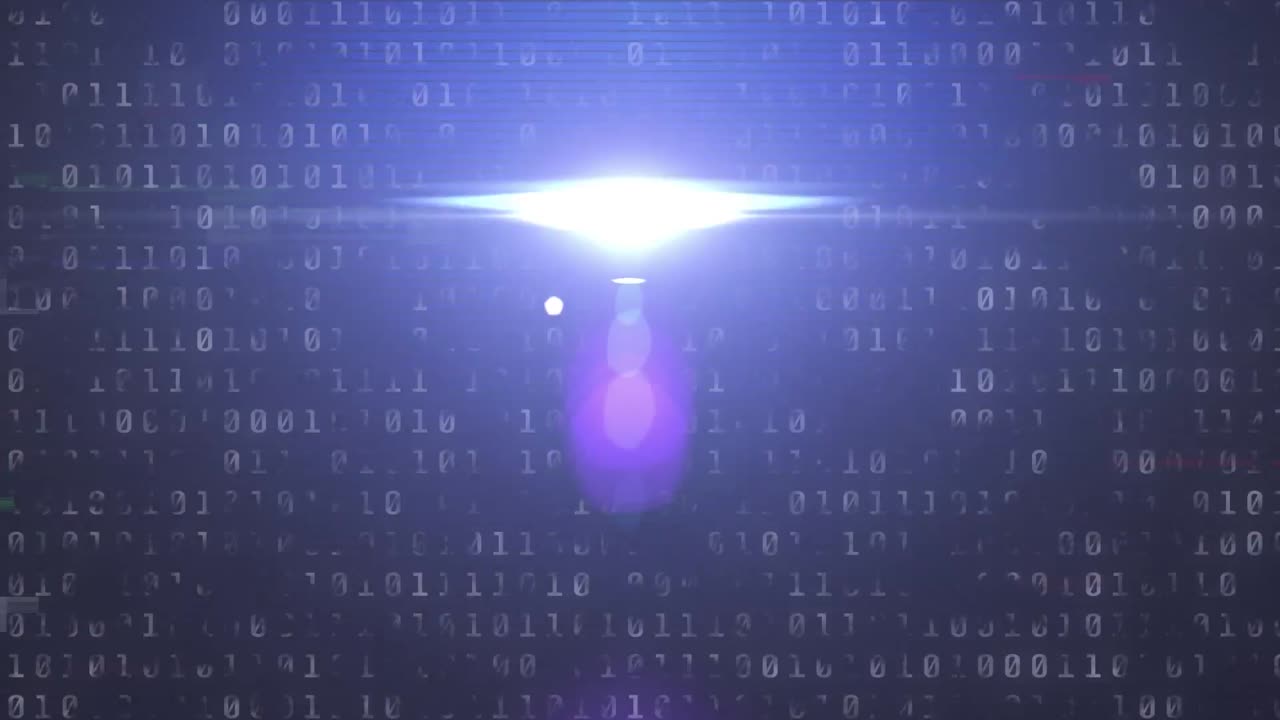 Animation of light moving over binary data processing on dark blue lined screen background