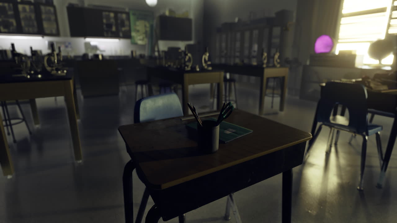 Desks in a dimly lit classroom with educational supplies on a table