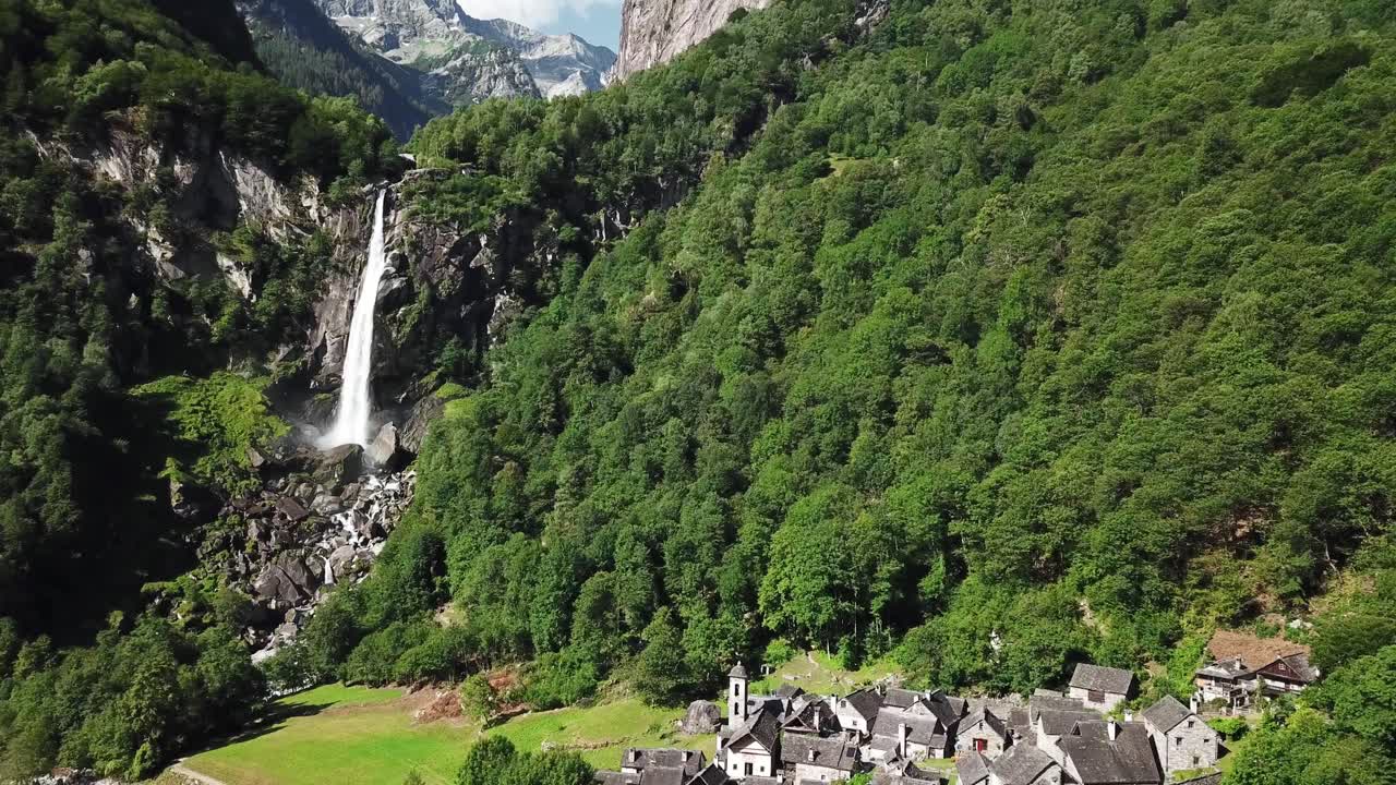 Aerial view of the waterfall at Foroglio, Ticino, Switzerland