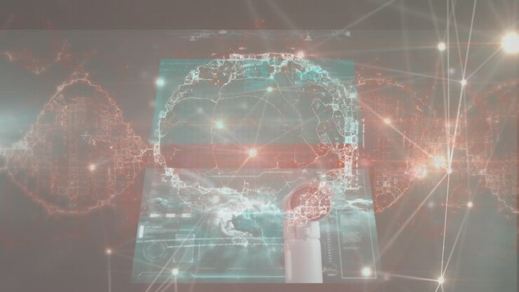 Animation of human brain, dna strand and data on screens with network of connections