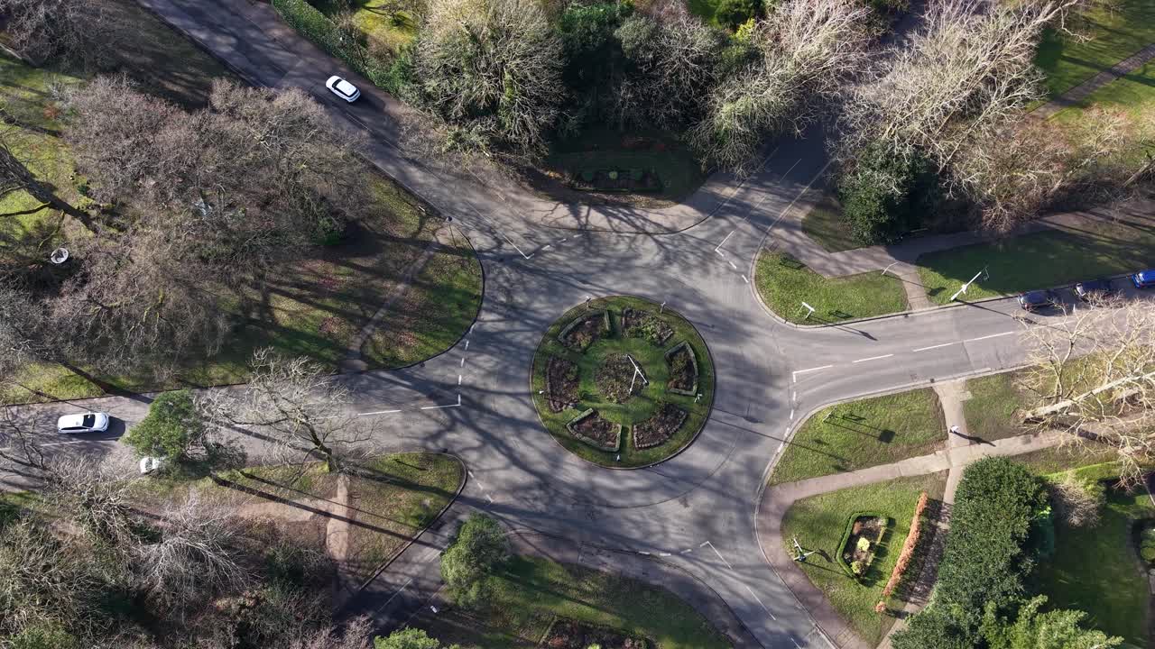 Sollershott circus, the uk's first roundabout, featuring landscaped center, aerial view