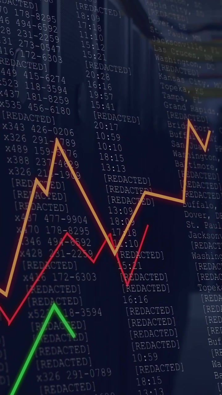 Vertical video: Charts and data columns moving over server racks, neon line starting telemetry