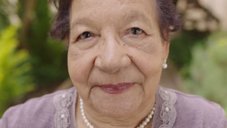 close up portrait of beautiful elderly woman looking smiling pensive at camera wearing pearl necklace