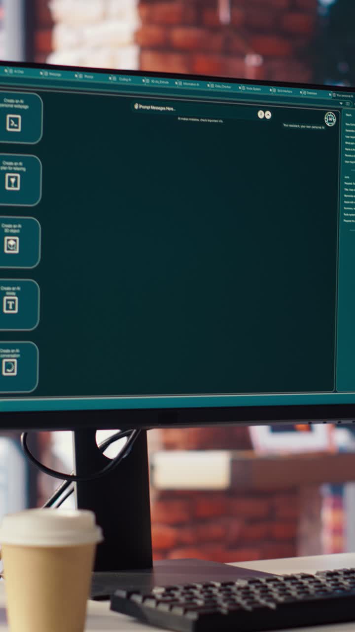 Vertical video Focus on AI LLM chatbot PC GPT software on PC monitor in modern home office