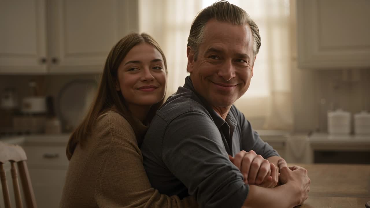 Seeing man seated at kitchen table, woman leaning in wrapping arms, tan sweater, sharing affection