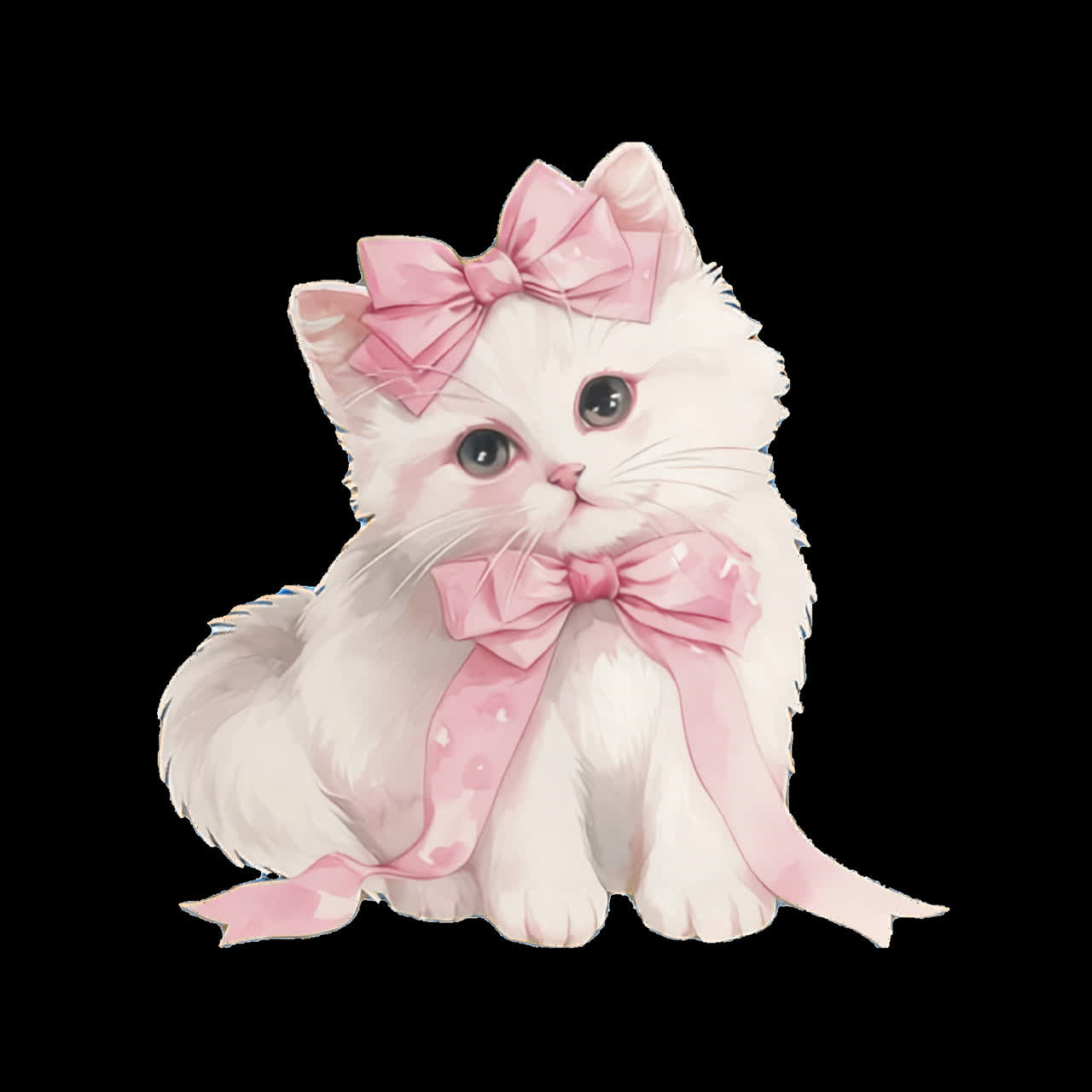 Adorable kitten with pink bows animation isolated asset, transparent 4K video, alpha channel, ProRes