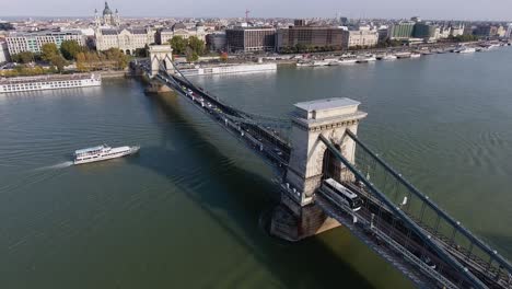 aerial shot of a chain bridge in budapest during autumn