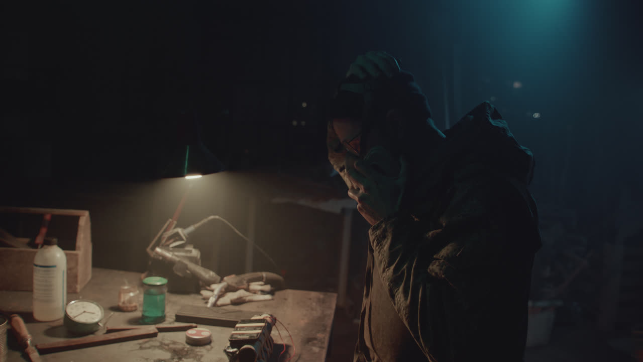 A bombmaker assembles a bomb in his workshop at night