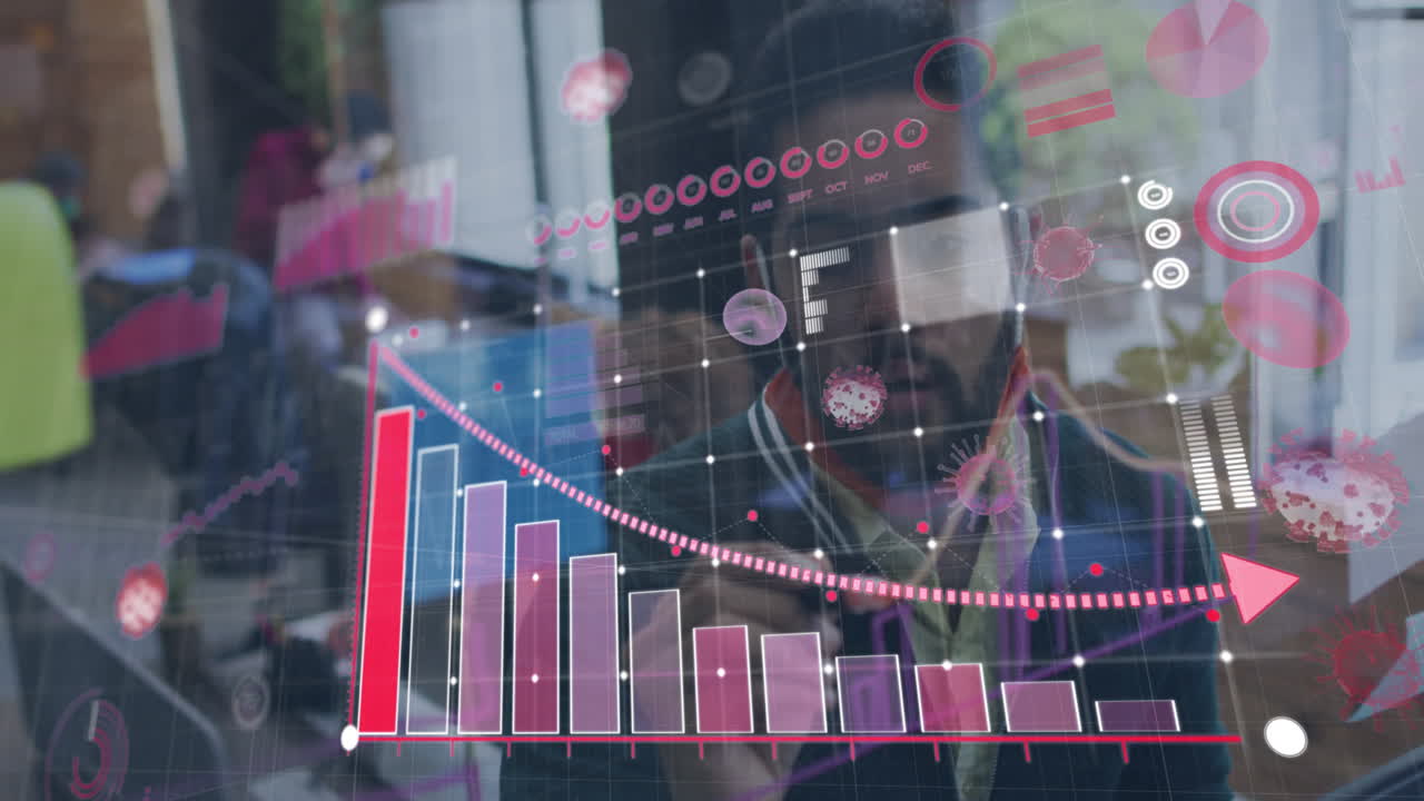 통계 기록 및 코로나19 세포에 대한 애니메이션 - 사무실에서 얼굴 마스크를 착용한 사람을 그리는