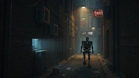 a robotic figure explores a dimly-lit alley, surrounded by atmospheric neon signs and scattered debris, embodying a futuristic yet desolate urban environment