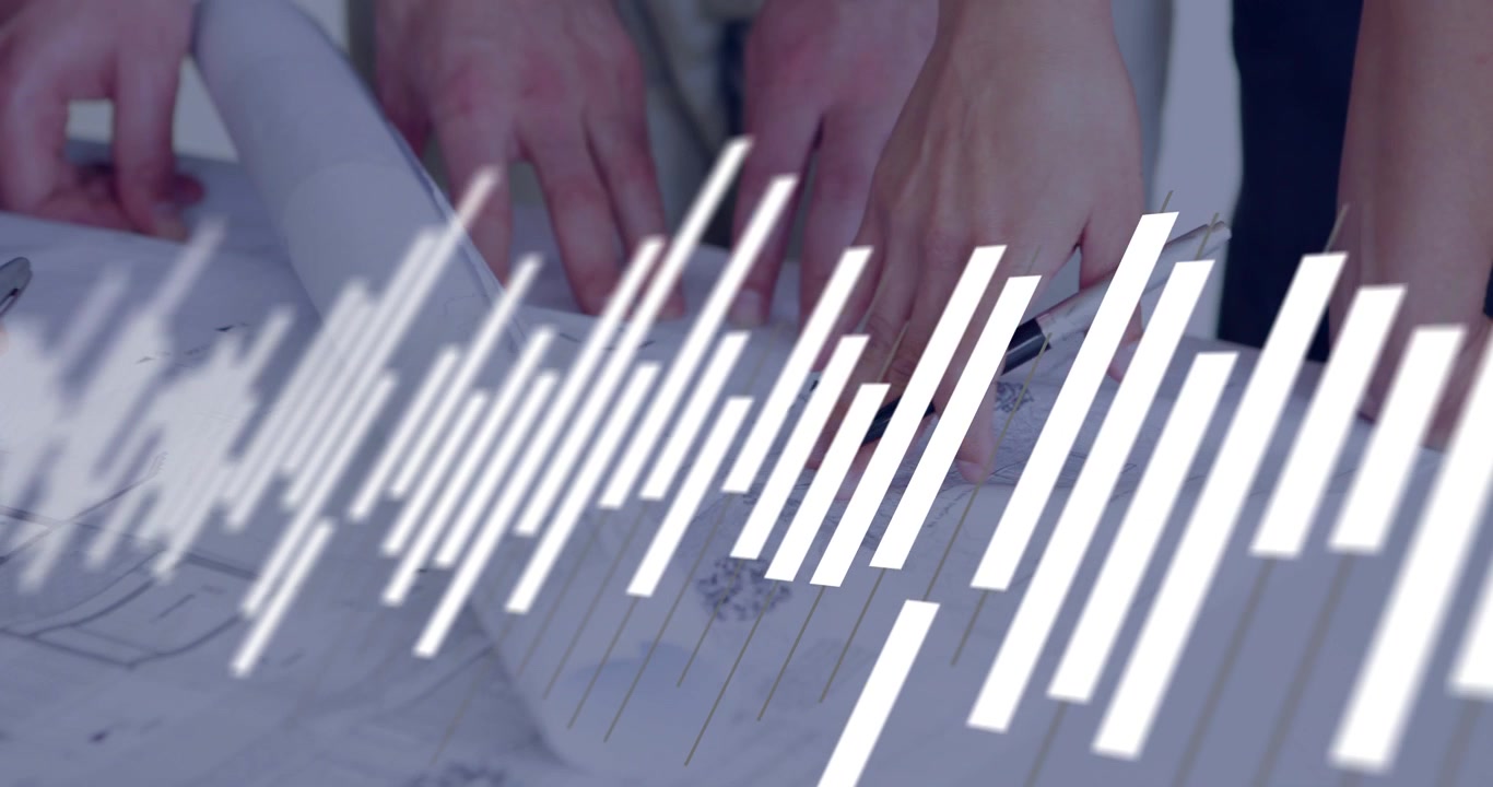 Pointing hands in business attire reviewing blueprints at meeting table, pen and animated white bar