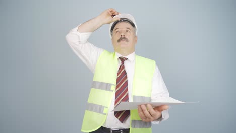 Looking-up,-the-engineer-is-holding-his-hard-hat.