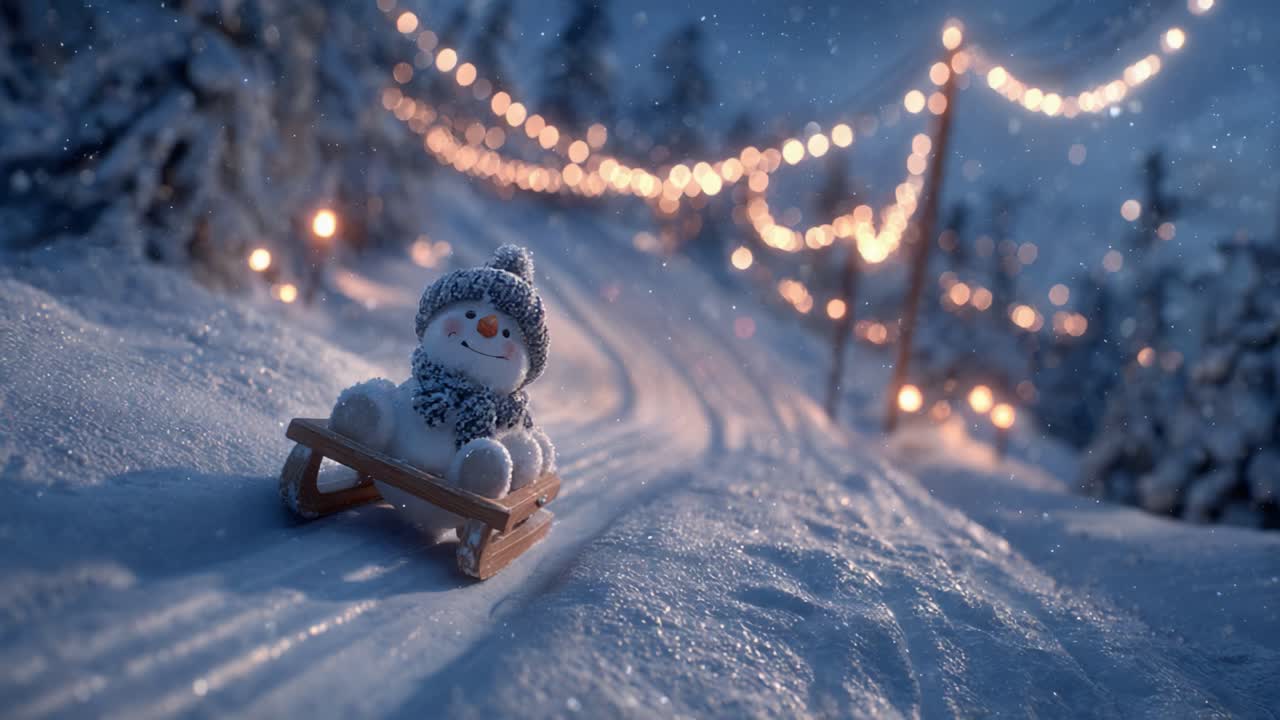 A Magical Winter Scene Featuring a Cheerful Snowman on a Sleigh, Surrounded by Twinkling Lights and a Snow-Covered Path in a Serene Snowy Landscape