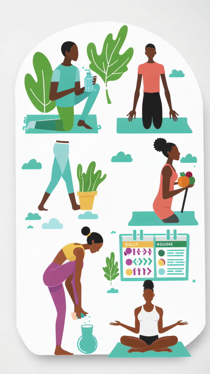 A compilation of images depicting healthy lifestyle practices including yoga, exercise, meditation, and nutrition