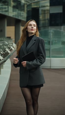 a caucasian businesswoman stands still on a modern office terrace, holding a tablet and looking thoughtfully to the side - slowmo, vertical