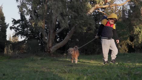 Caucasian-boy-walks-towards-the-camera,-taking-his-pet-dog-for-a-walk-at-the-fields,-using-a-leash