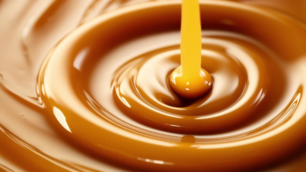 Thick stream of golden caramel is being poured into a pool of the same sweet confection, creating a mesmerizing swirl and ripples in the smooth surface