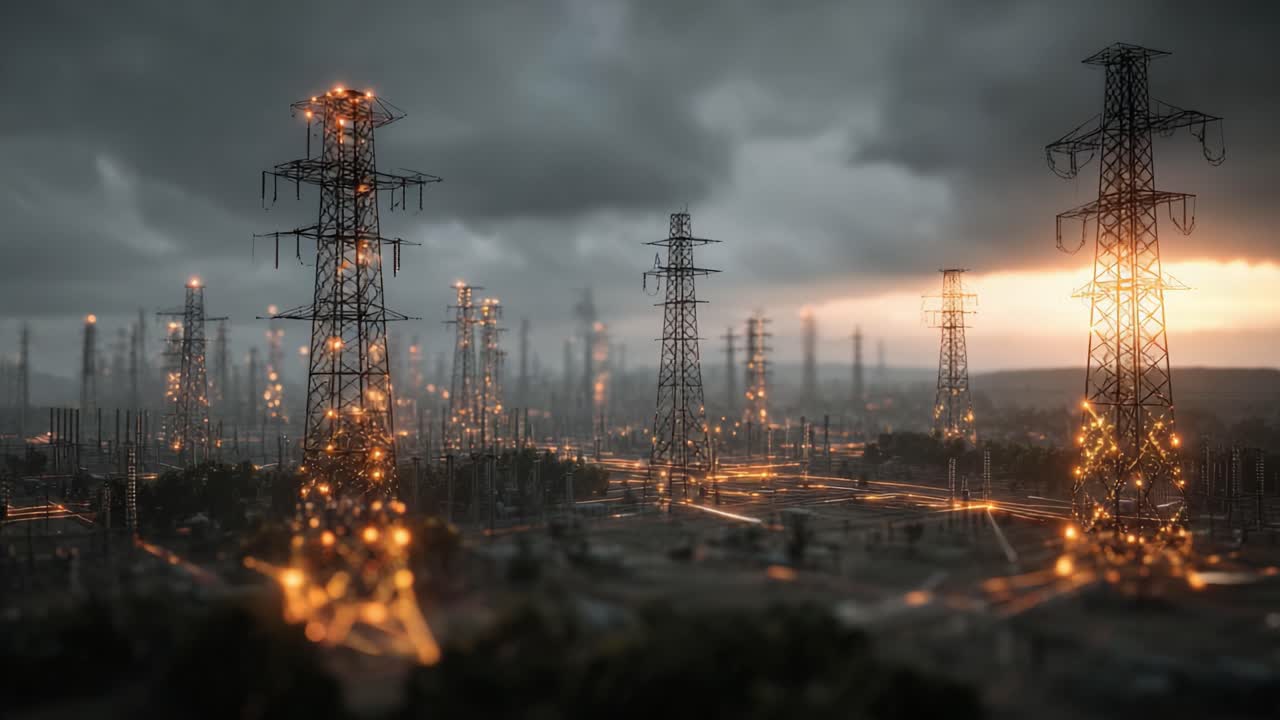 Dynamic Energy Network: An Aerial View of Power Towers Illuminated by Glowing Lights Amidst a Dramatic Overcast Sky at Dusk