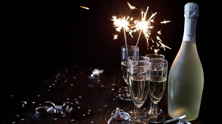 Immagine di composizione da festa: bicchieri pieni di champagne posizionati su un tavolo nero.
