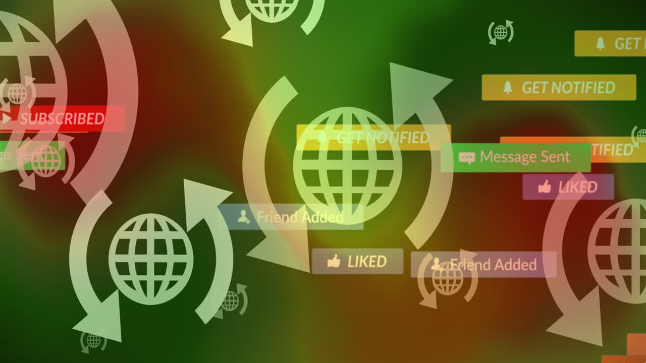 Animazione di notifiche e icone di comunicazione globale che si muovono sul desktop del computer