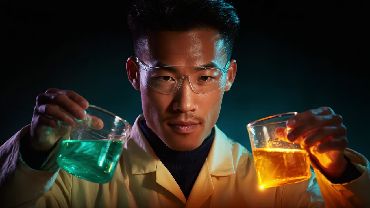 A skilled scientist confidently demonstrates a captivating chemical reaction by holding two beakers filled with vibrant liquids, showcasing the beauty and intrigue of laboratory experimentation under dramatic lighting