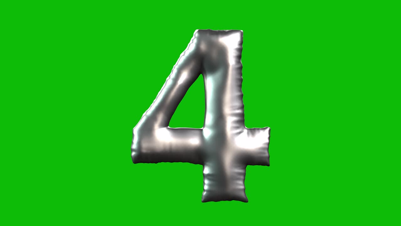 Silver Foil balloon number 4 inflates, spins, and reveals on green screen in 3D animation. Ideal for celebrations, parties, birthdays, and video editing projects