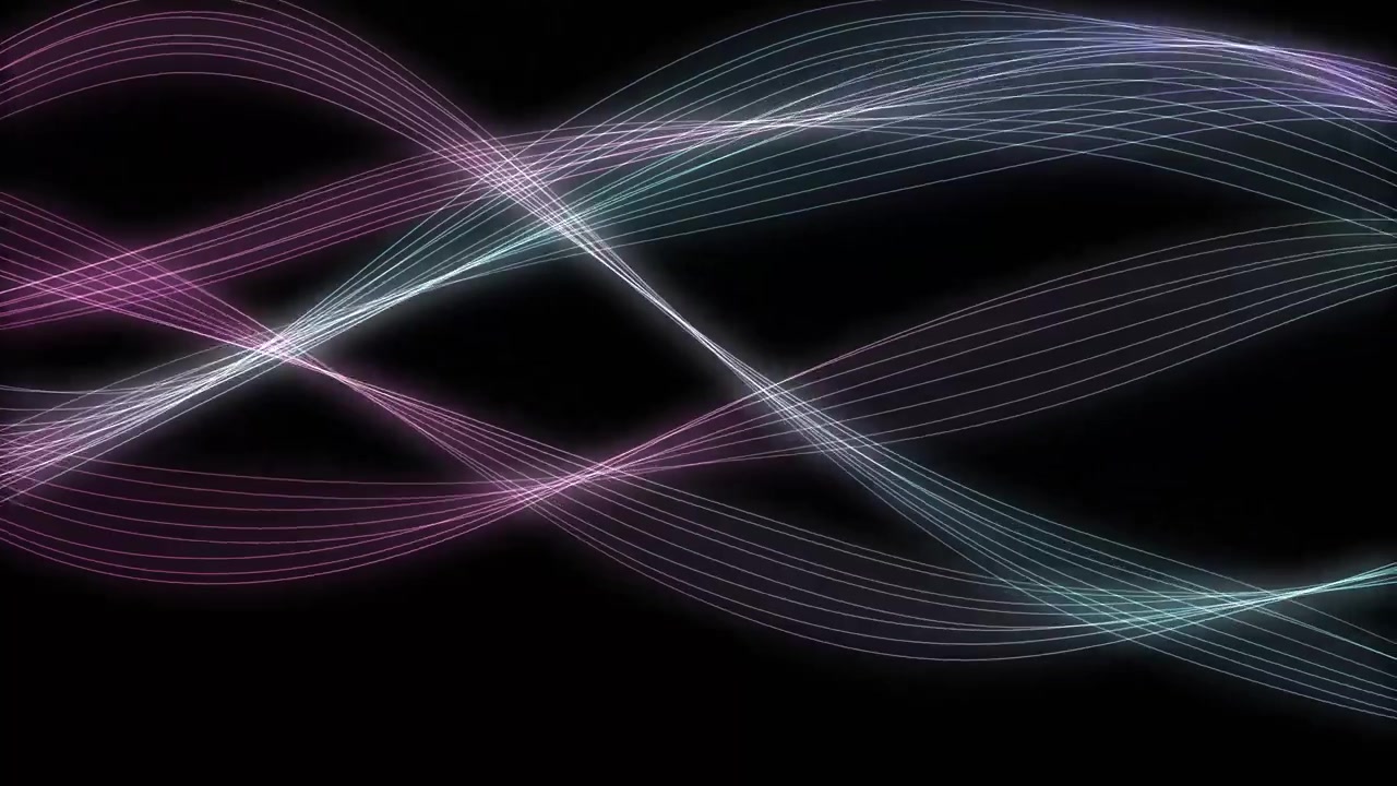 Nastri luminosi di luce rosa pastello e ciano che ondeggiano con grazia su uno sfondo scuro in loop