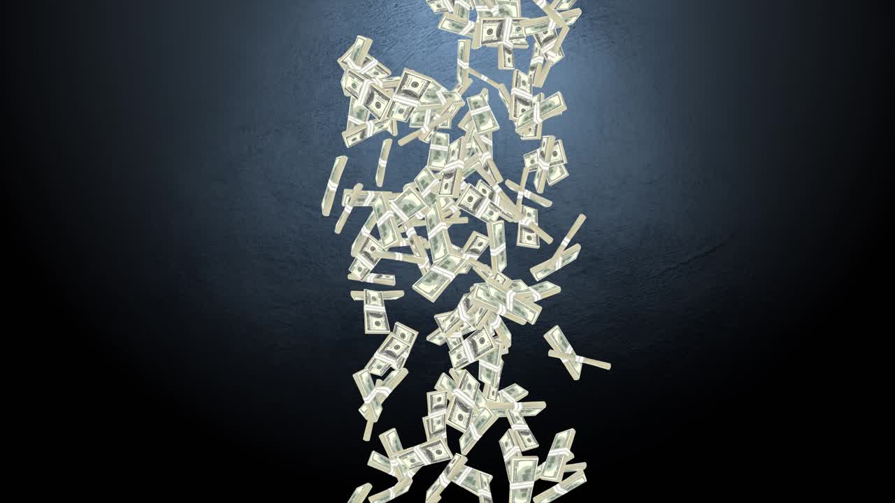 One hundred dollar bills are falling on black loop background for money and finance wages finance
