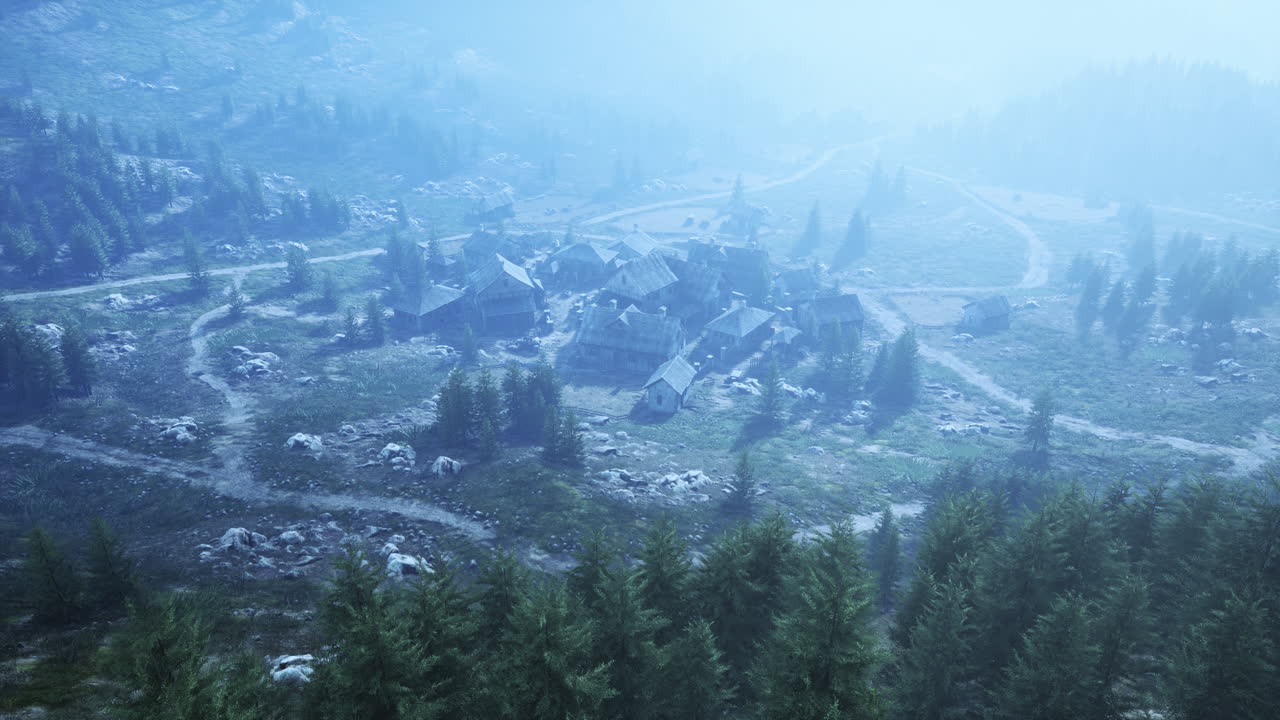 바위 산의 배경에 있는 오래된 나무 마을