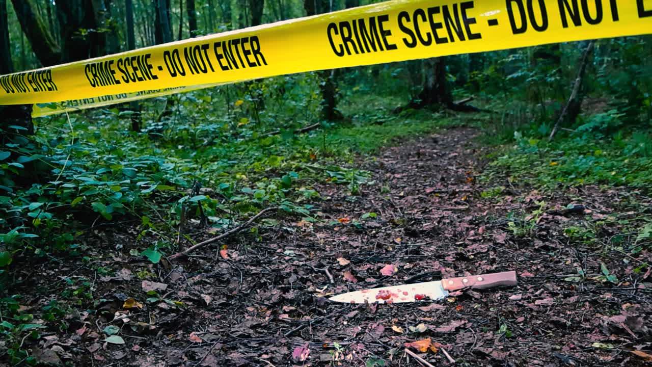 Low angle close up footage of a bloody kitchen knife laying on a forest leaf covered hiking trail with a yellow colored Crime Scene tape pulled in front of it during a cloudy day. Blood on the knife