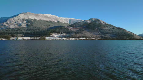 flying low over bassenthwaite lake in winter in the english lake district