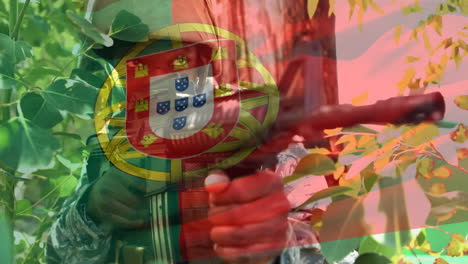 digital composition of waving portugal flag against soldier training with a gun at training camp