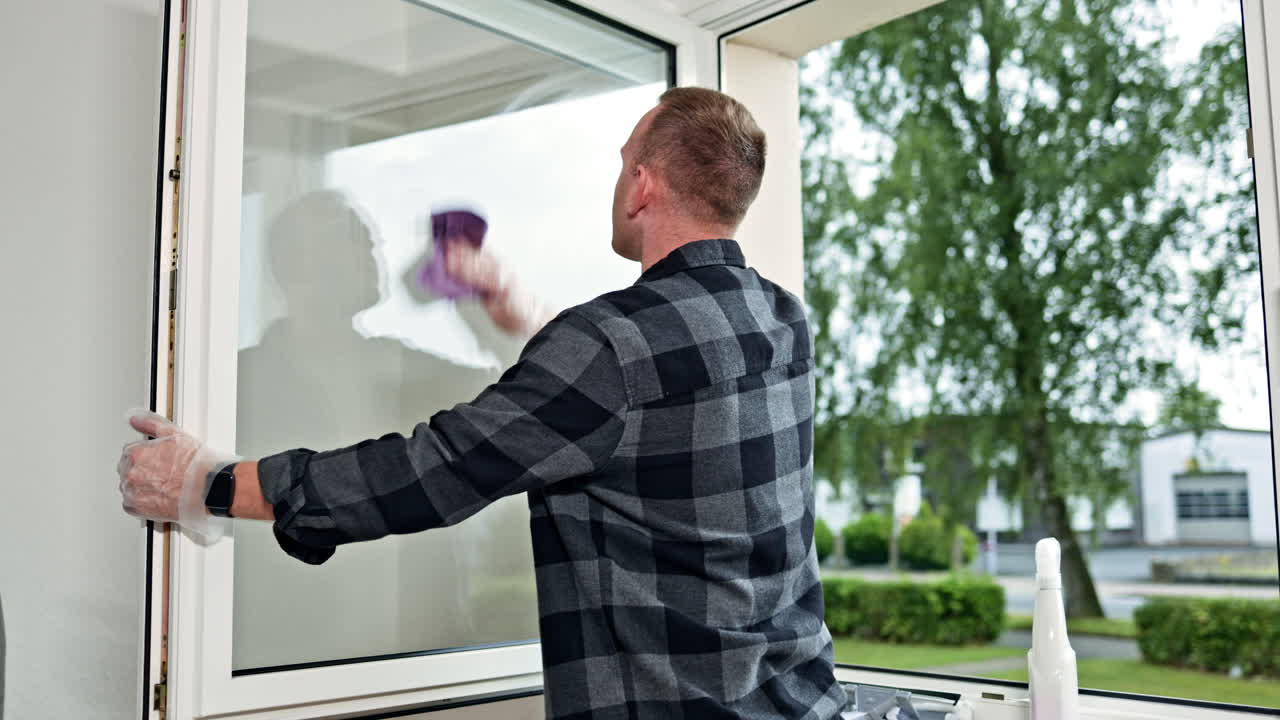 Un hombre limpia ventanas en un apartamento. Un limpiador profesional utiliza una fregona para lavar la ventana. Un hombre barbudo limpia cristales con un trapo.