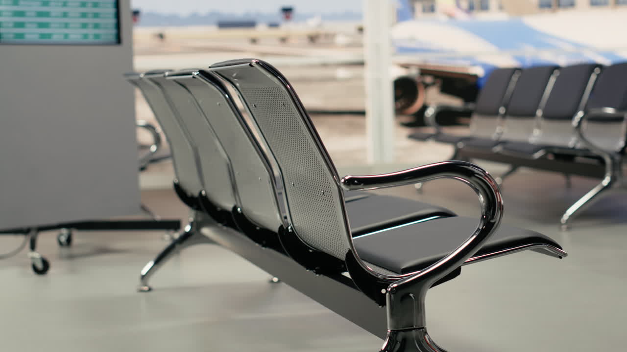 Zona de espera de aeropuerto vacía con sillas y un avión en la pista de aterrizaje