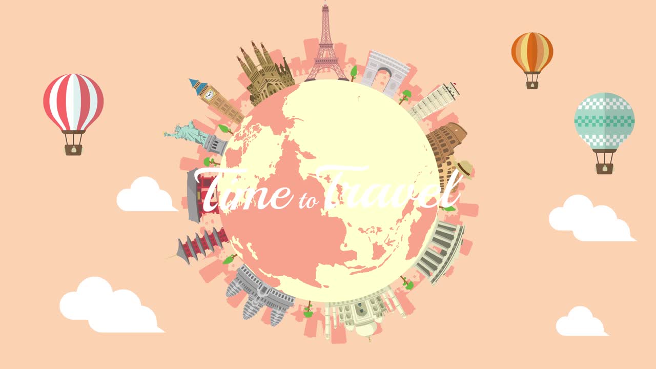 여행, 휴가, 관광 애니메이션 배너 (4k) 세계 유산 및 세계 유명 건물.