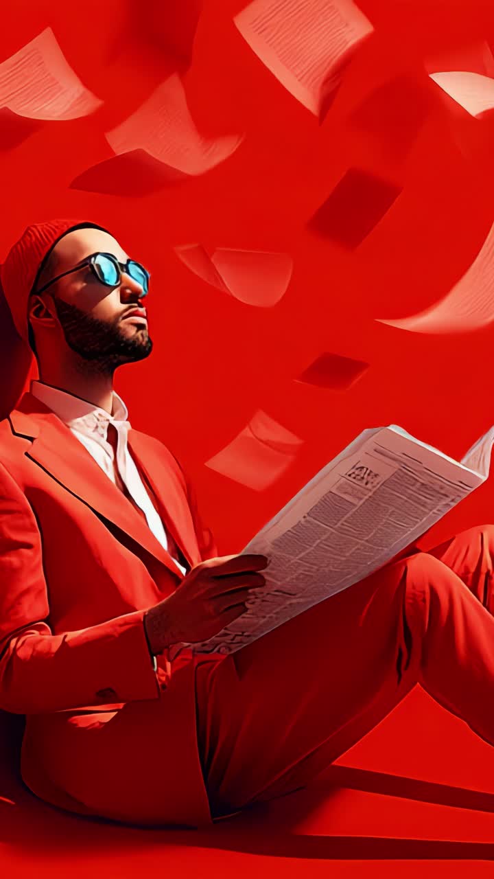 Uomo elegante in abito rosso che legge un giornale circondato da fogli fluttuanti su uno sfondo rosso intenso, creando un contrasto visivo sorprendente