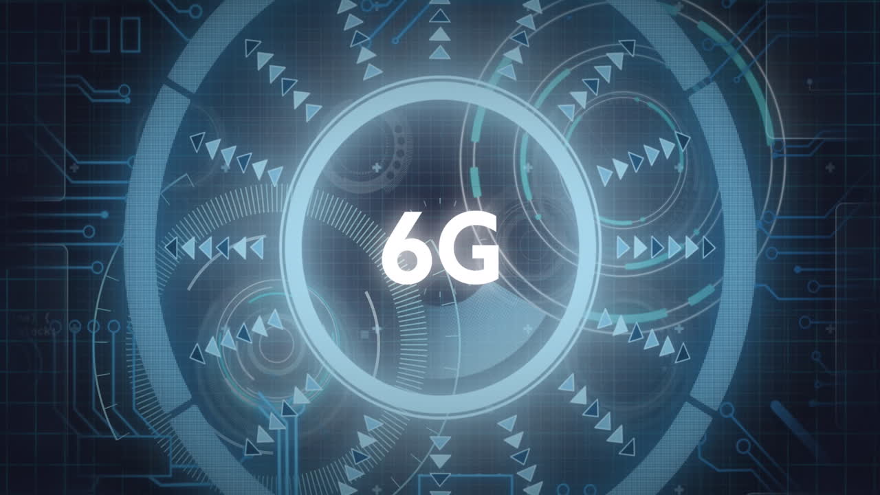 animación de texto de 6g sobre escáner redondo giratorio y conexiones de microprocesador.