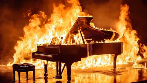 a piano on fire with a stool in front of it