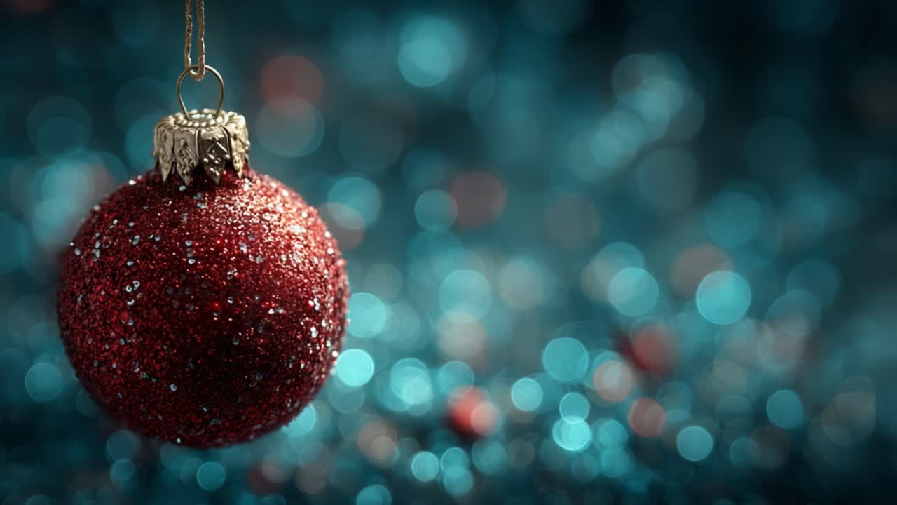 Sparkling Red Ornament Suspended Against a Blurry Teal Background Capturing the Essence of Festive Cheer and Holiday Celebrations with Gleaming Bokeh Effects