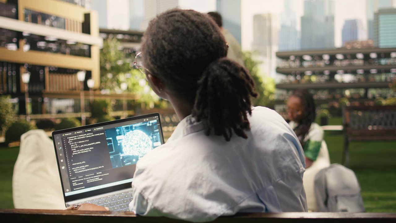 IT woman student using AI machine learning interface with neural networks