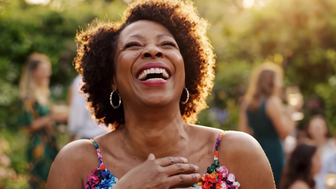 A Joyful Celebration: A Woman Radiates Happiness and Charm Amidst a Vibrant Outdoor Gathering Surrounded by Nature and Friends