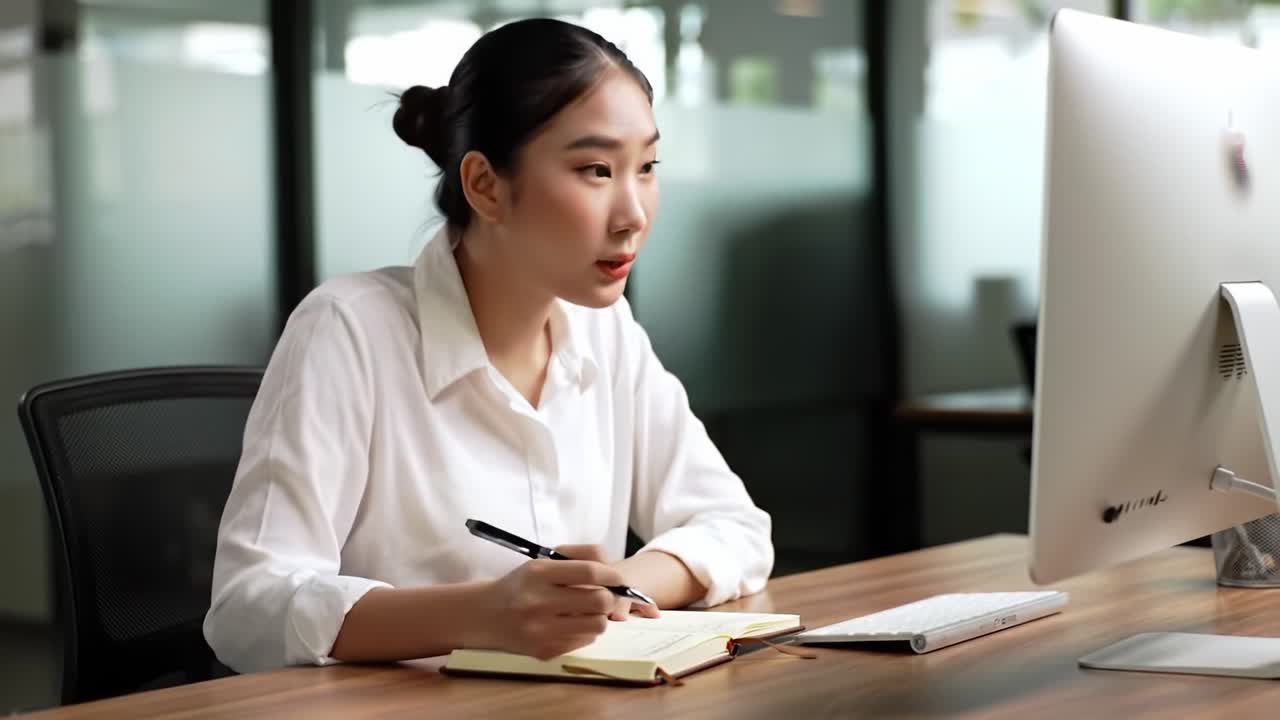 Focused Professional Woman Engaging in Productive Work Session at Desk with Computer, Taking Notes and Strategizing Future Tasks with Determination and Clarity