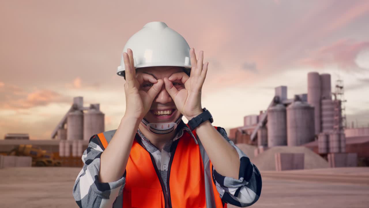 Nærbillede af en asiatisk mandlig ingeniør med sikkerhedshjelm, der viser 'okay'-håndtegn over øjet og smiler til kameraet, mens han står ved en industriel cementfabrik med betonblandere ved solnedgang.