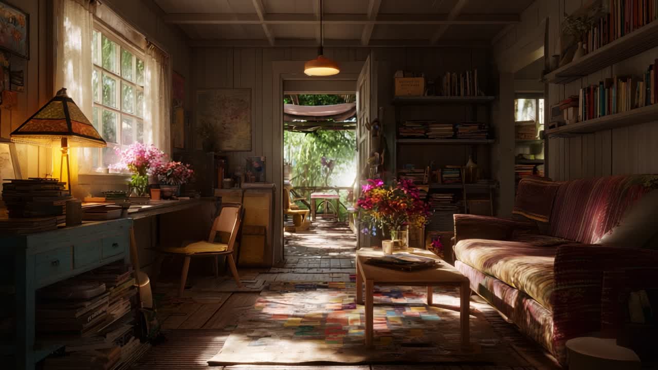 A Captivating Interior Scene Reflecting Warmth and Nature, Featuring a Cozy Living Room with Vibrant Flowers, Sunlight Streaming Through Windows, and a Cheerful Atmosphere