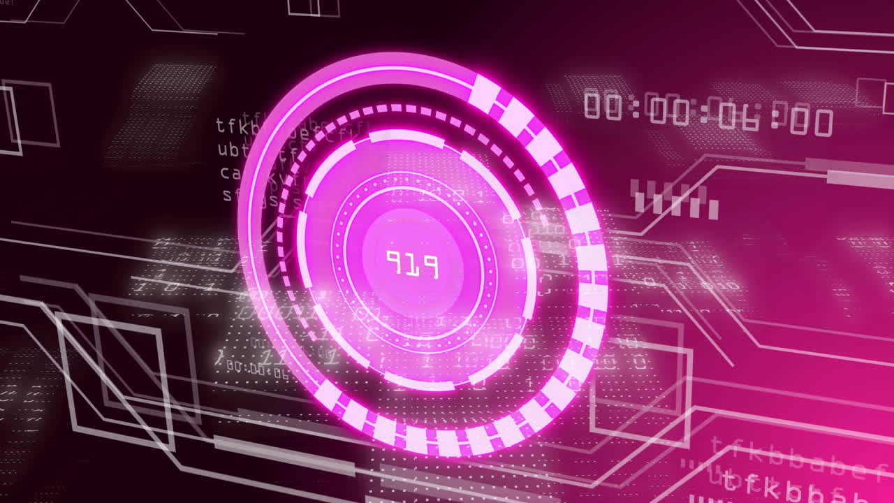 Digital data processing animation with pink circular interface over binary code